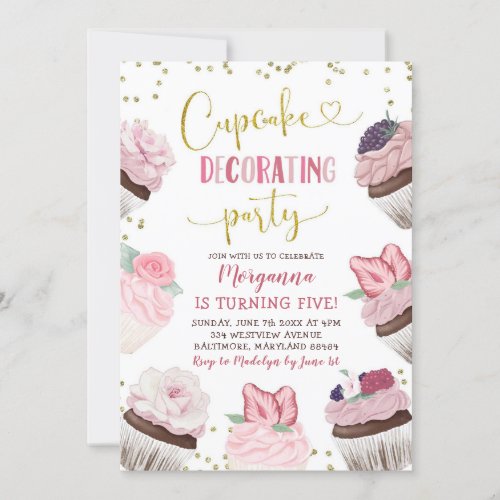 Pink Cupcake Decorating Party Birthday Invitation