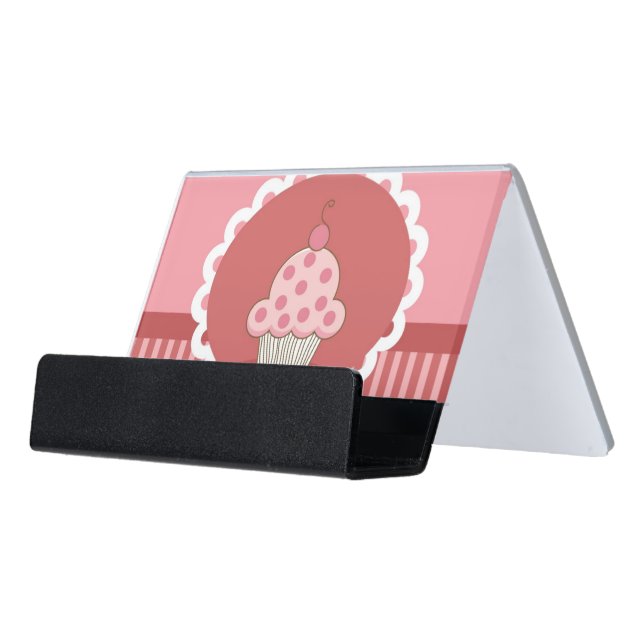 Pink Cupcake Design Desk Business Card Holder (Angled Front)
