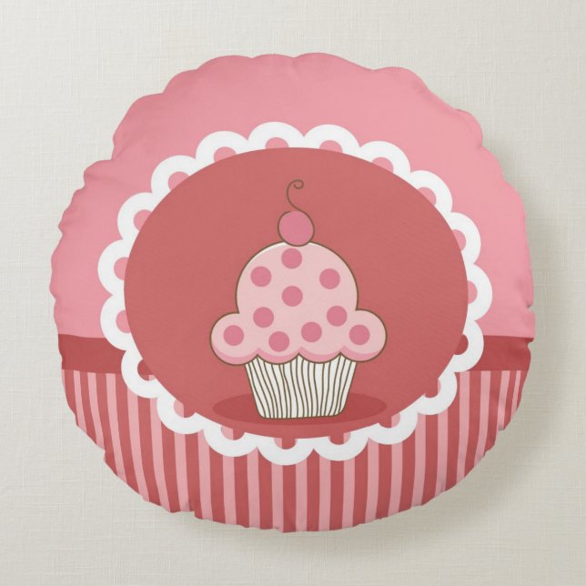 Pink Cupcake Design Round Pillow (Front)