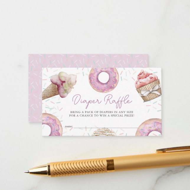 Pink Cupcake & Donut Baby Diaper Raffle Ticket Enclosure Card (Front/Back In Situ)