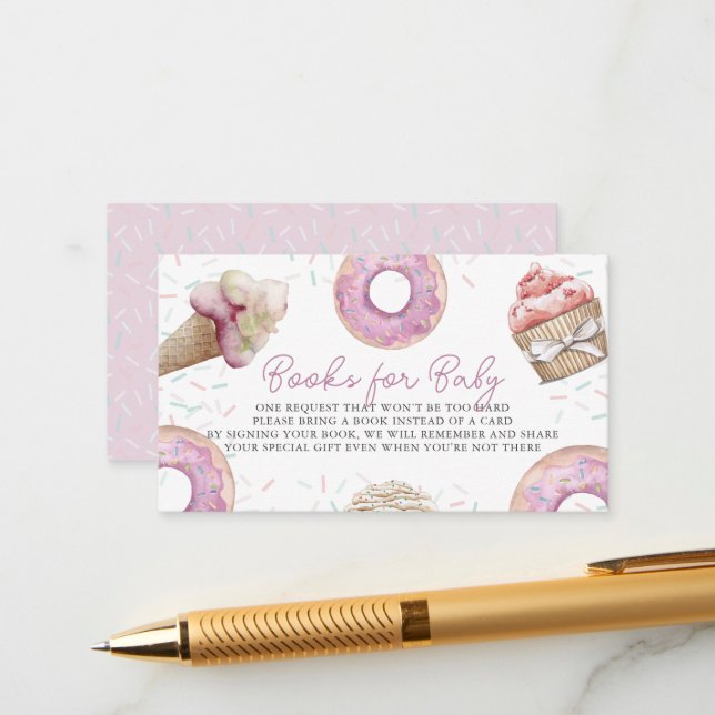 Pink Cupcake & Donut Baby Shower Book Request Enclosure Card (Front/Back In Situ)