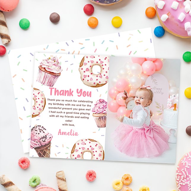 Pink Cupcake & Donut Birthday Photo Thank You Card (Creator Uploaded)