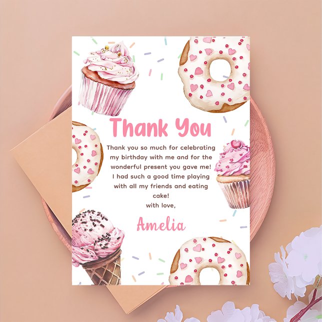 Pink Cupcake & Donut Birthday Thank You Card (Creator Uploaded)