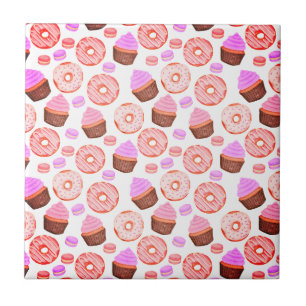 Pink Cupcake Donut Macaron Pattern Ceramic Tile