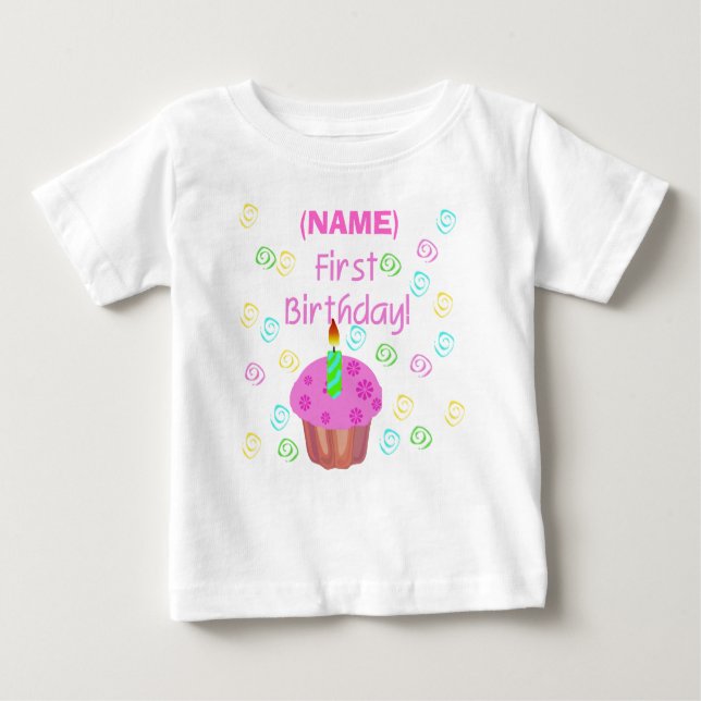 Pink Cupcake First Birthday Customized Baby T-Shirt (Front)