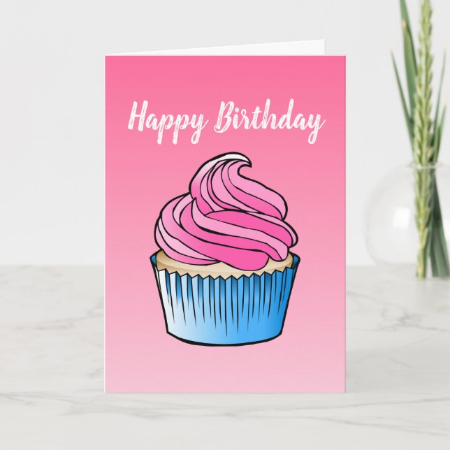 Pink Cupcake Folded Greeting Birthday Card (Front)