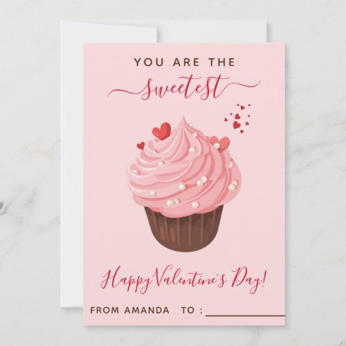 Pink Cupcake Girls Kids Classroom Valentines Day  Holiday Card