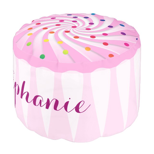 Pink Cupcake Girl's Personalized Room Decor Pouf (Angled Front)