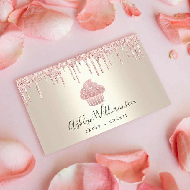 Pink Cupcake Glitter Drips Bakery Pastry Chef Gold Business Card (Creator Uploaded)
