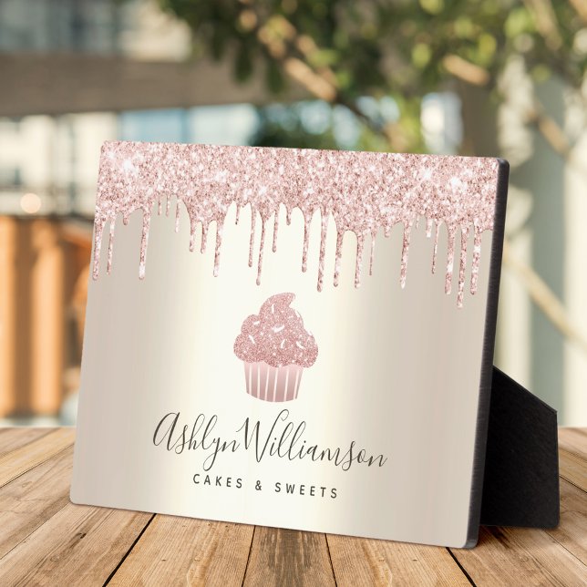 Pink Cupcake Glitter Drips Bakery Pastry Chef Gold Plaque (Creator Uploaded)