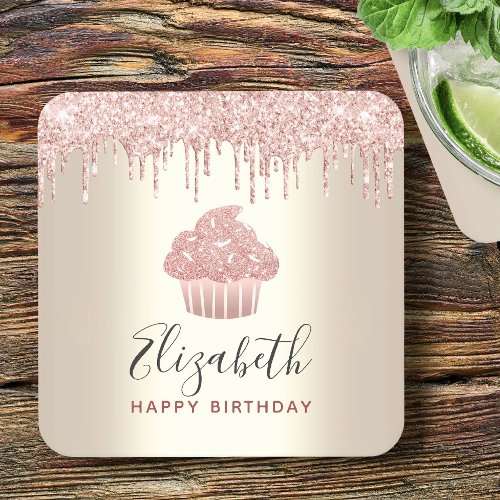 Pink cupcake glitter drips modern girly gold party square paper coaster