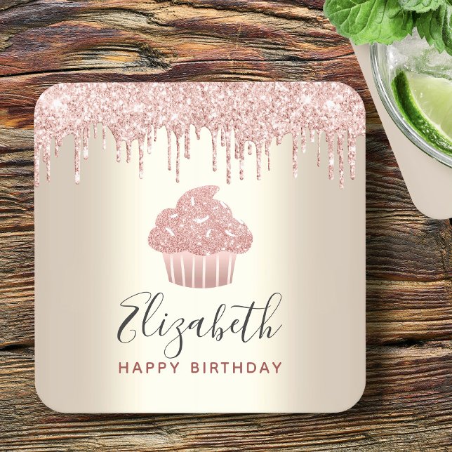 Pink cupcake glitter drips modern girly gold party square paper coaster (Creator Uploaded)
