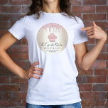 Pink Cupcake Glitter Drips Pastry Bakery Cafe Gold T-Shirt<br><div class="desc">Present your best self to your clients, whenever your wear this elegant, sophisticated, simple, and modern custom name t-shirt. A sparkly, pink rose gold ombre cupcake, script handwritten typography and glitter drips overlay a faux metallic champagne gold ombre circle background. Personalize with your full business name, business, website, phone number,...</div>