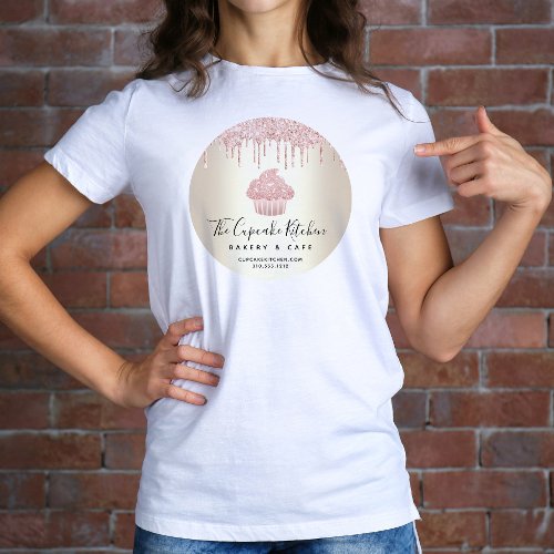 Pink Cupcake Glitter Drips Pastry Bakery Cafe Gold T_Shirt