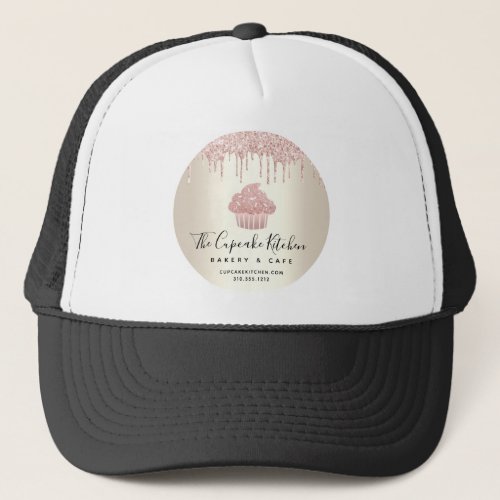 Pink Cupcake Glitter Drips Pastry Bakery Cafe Gold Trucker Hat