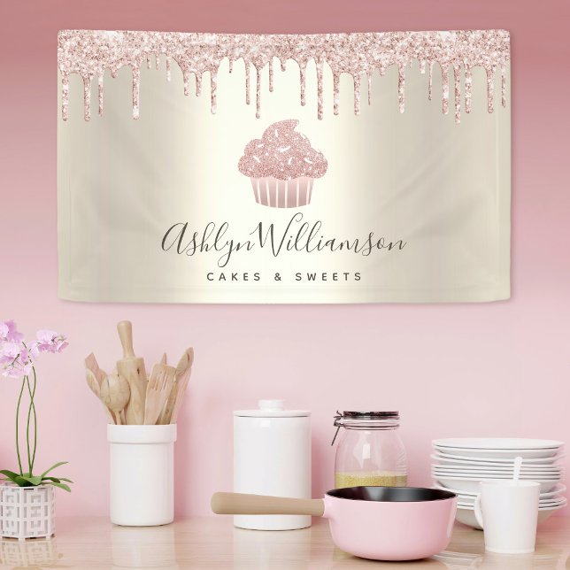 Pink Cupcake Glitter Drips Pastry Chef Bakery Gold Banner (Creator Uploaded)
