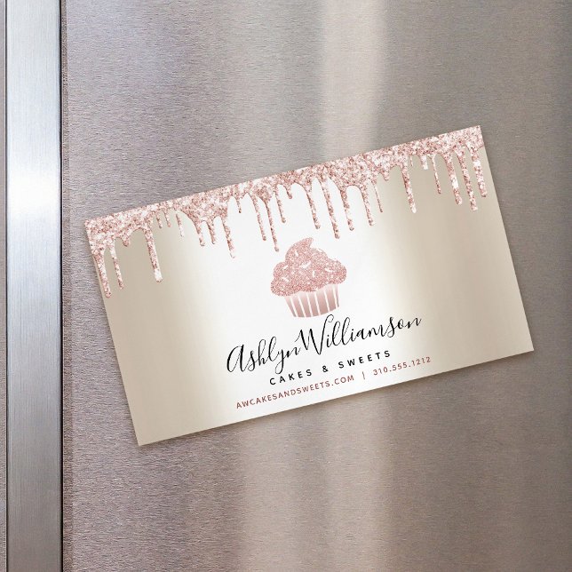 Pink Cupcake Glitter Drips Pastry Chef Bakery Gold Business Card Magnet (Creator Uploaded)