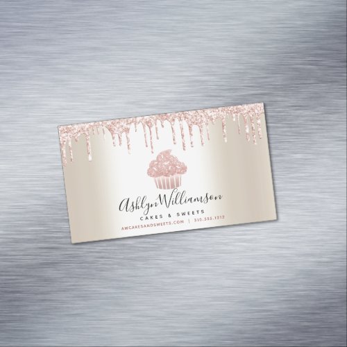 Pink Cupcake Glitter Drips Pastry Chef Bakery Gold Business Card Magnet