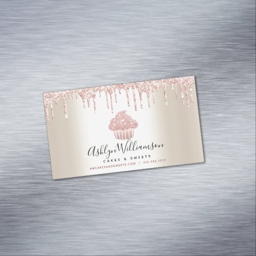 Pink Cupcake Glitter Drips Pastry Chef Bakery Gold Business Card Magnet