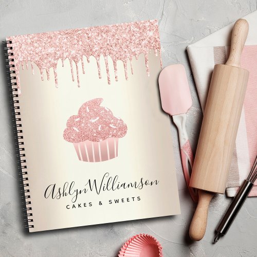 Pink Cupcake Glitter Drips Pastry Chef Bakery Gold Notebook