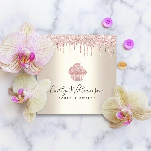 Pink Cupcake Glitter Drips Pastry Chef Bakery Gold Square Business Card