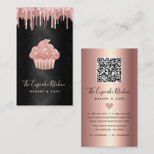 Pink Cupcake Glitter Drips QR Code Bakery on Black Business Card