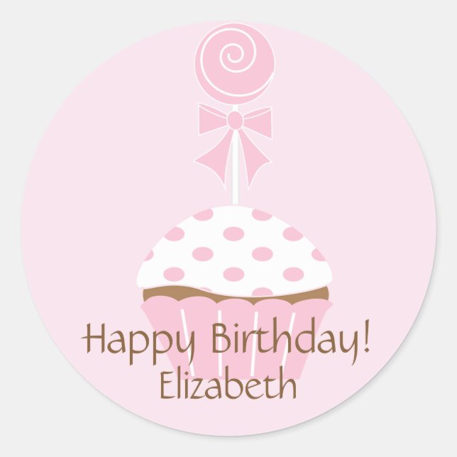 Pink Cupcake Lollipop Happy Birthday Sticker (Front)