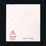 Pink Cupcake Notepad<br><div class="desc">A wonderful notepad for anything from love notes to writing a grocery list. It has a white background with a pink geometric pattern. A pink cupcake sits at the bottom with customizable text.</div>