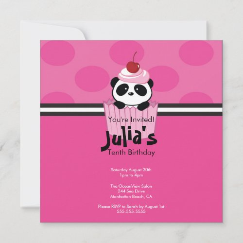 Pink Cupcake Panda Birthday Party Invitation