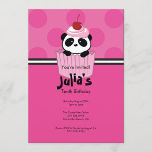 Pink Cupcake Panda Birthday Party Invitation