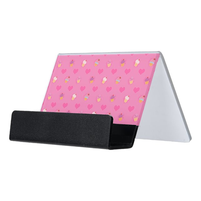 Pink Cupcake Pattern Desk Business Card Holder (Angled Front)