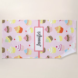 Pink Cupcake Pattern Personalized Beach Towel