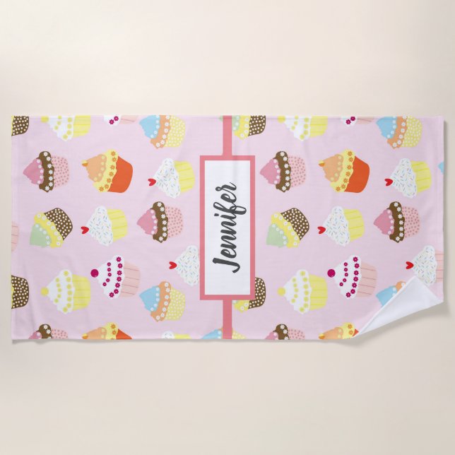 Pink Cupcake Pattern Personalized Beach Towel (Front)