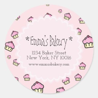 Pink Cupcake Pattern - Round Bakery Sticker