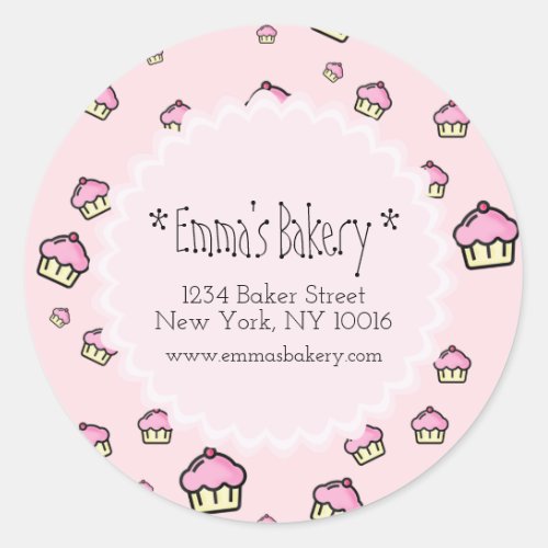 Pink Cupcake Pattern _ Round Bakery Sticker