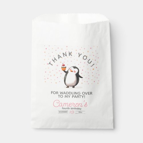 Pink cupcake penguin celebration girls birthday favor bag