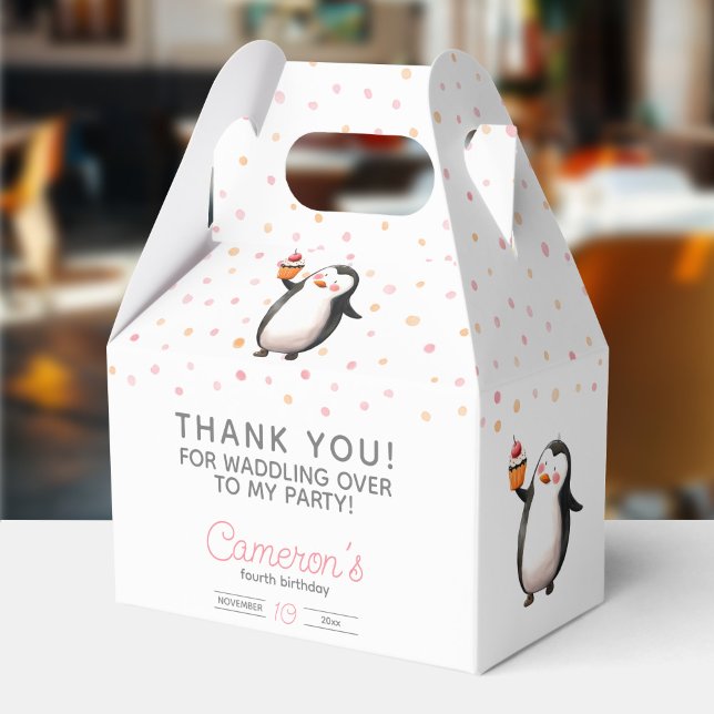Pink cupcake penguin celebration girl's birthday favor boxes (Creator Uploaded)