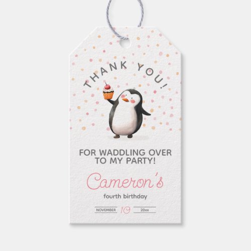 Pink cupcake penguin celebration girls birthday gift tags