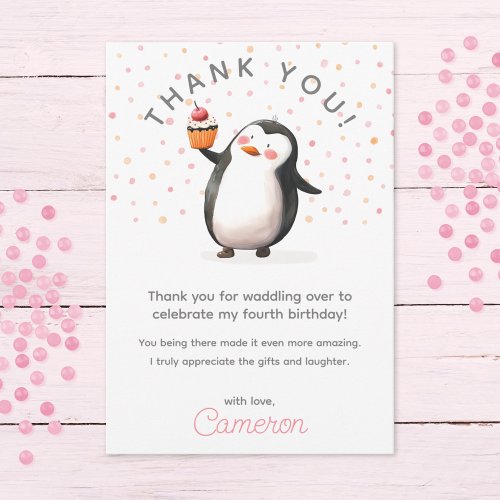 Pink cupcake penguin celebration girls birthday thank you card