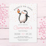 Pink Cupcake Penguin Celebration, kid's Birthday Invitation<br><div class="desc">Celebrate your little girl's special day with our adorable customizable birthday invitation featuring a sweet penguin holding a cupcake amidst a charming blue confetti background, all done in delightful watercolor style. With its playful cartoon feel and customizable text options, this 5"x7" invitation sets the perfect tone for a fun-filled celebration....</div>
