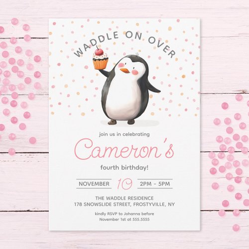 Pink Cupcake Penguin Celebration kids Birthday Invitation