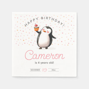 Pink cupcake penguin girl's birthday napkins