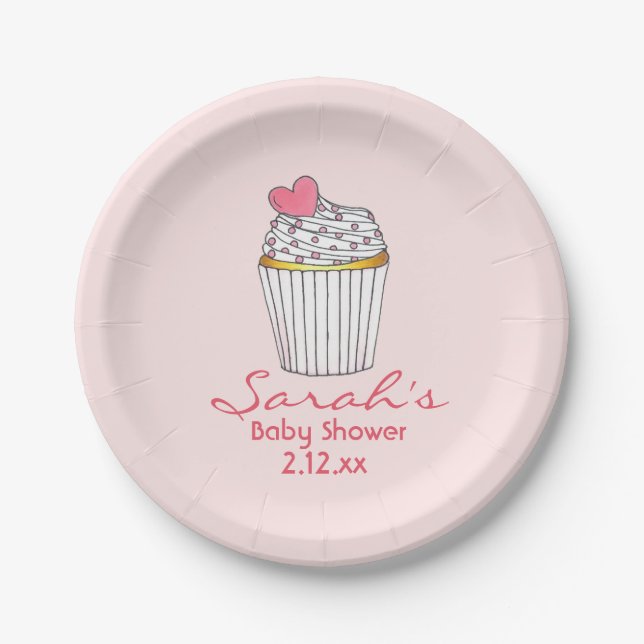Pink Cupcake Personalized Girl Baby Bridal Shower Paper Plates (Front)
