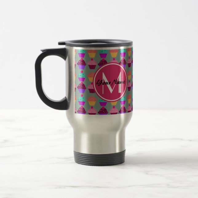 Pink Cupcake Personalized Name, Custom Monogram Travel Mug (Left)