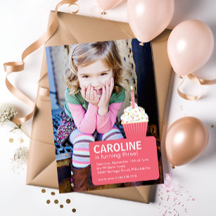 Pink Cupcake Photo First Birthday Invitation