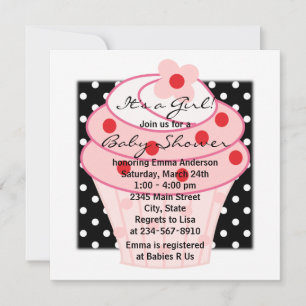Pink Cupcake Pink Black Polka Dot Baby Shower Invitation
