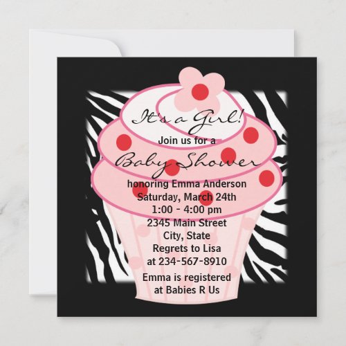 Pink Cupcake Pink Zebra Baby Shower Invitation