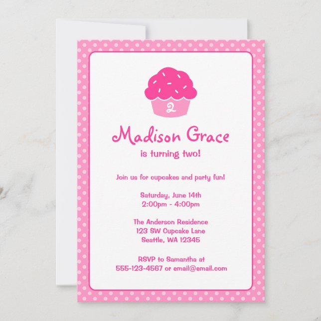 Pink Cupcake Polka Dot Birthday Party Invitation (Front)