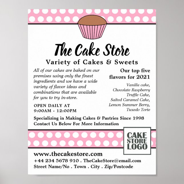 Pink Cupcake & Polka Dot, Cake Store Advertising Poster (Front)