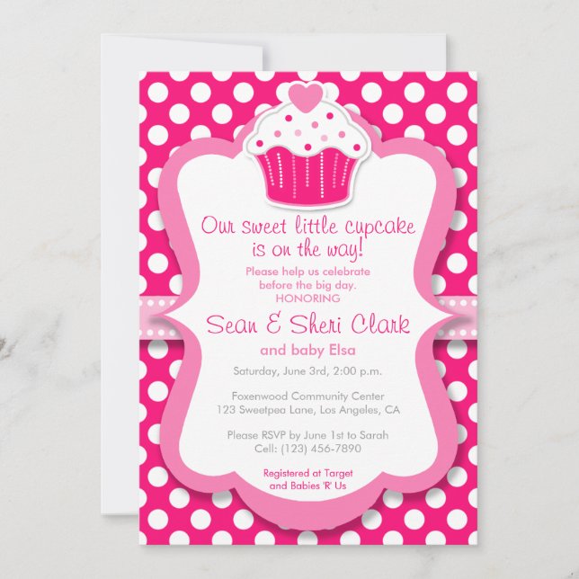 Pink Cupcake Polka Dot Girl Baby Shower Invitation (Front)